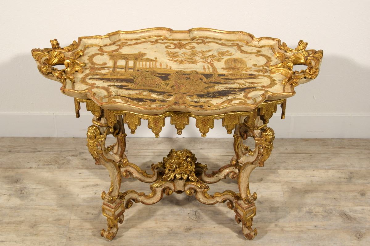 18th Century, Italian Baroque Lacquered And Gilt Center Tray Table-photo-2