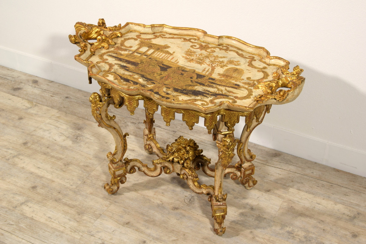 18th Century, Italian Baroque Lacquered And Gilt Center Tray Table-photo-3