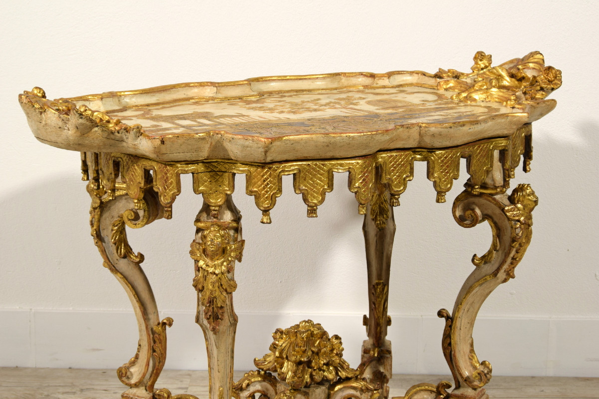 18th Century, Italian Baroque Lacquered And Gilt Center Tray Table-photo-7