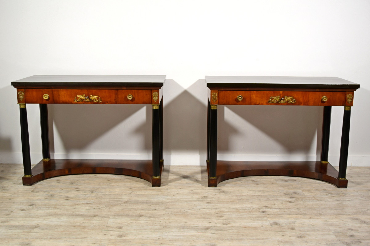 Paire de grandes consoles Empire en bois laqué, Toscane, début du XIXe siècle-photo-2