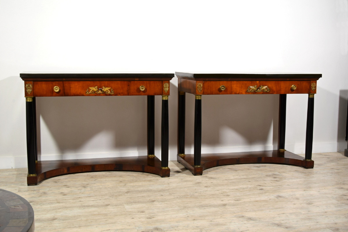Paire de grandes consoles Empire en bois laqué, Toscane, début du XIXe siècle-photo-3