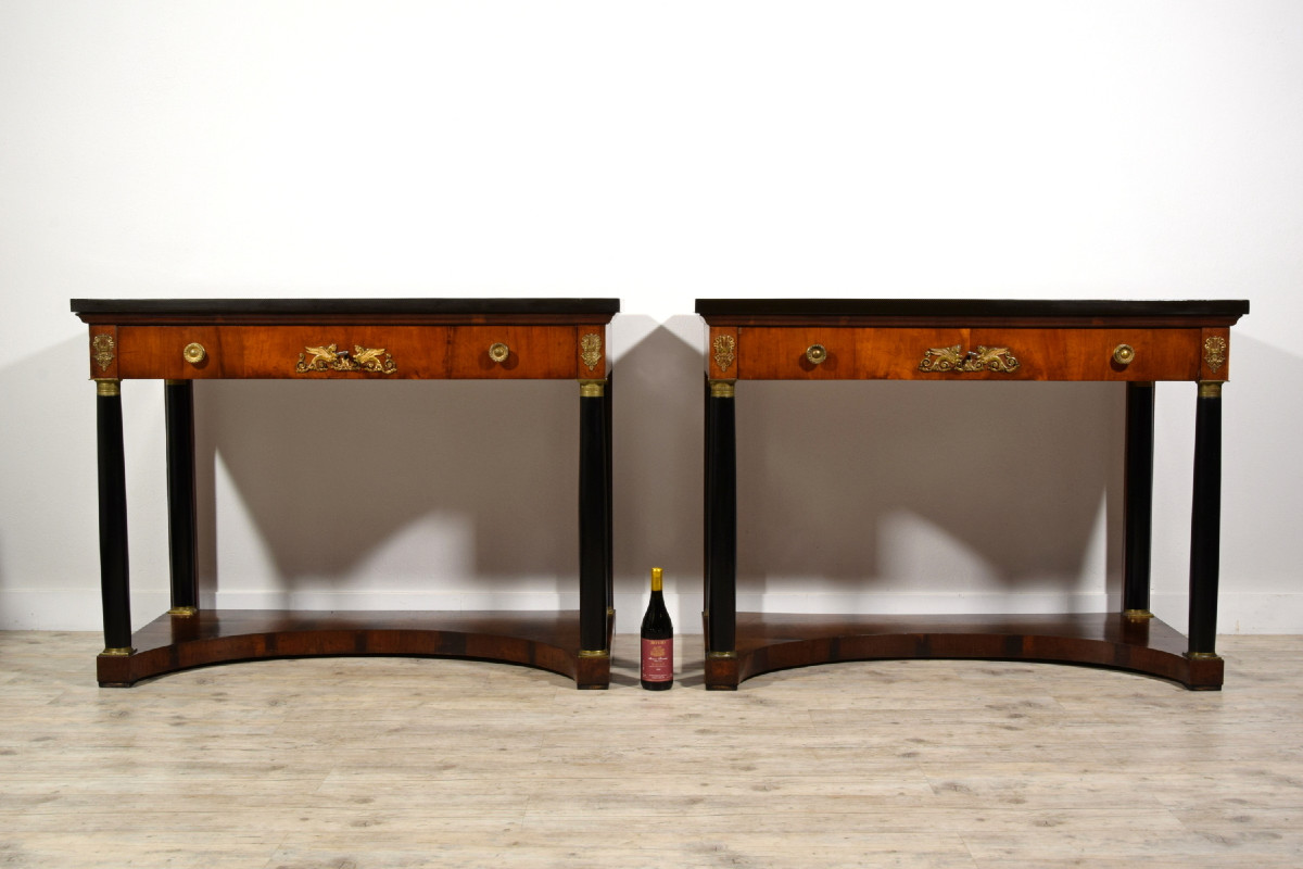 Paire de grandes consoles Empire en bois laqué, Toscane, début du XIXe siècle-photo-1