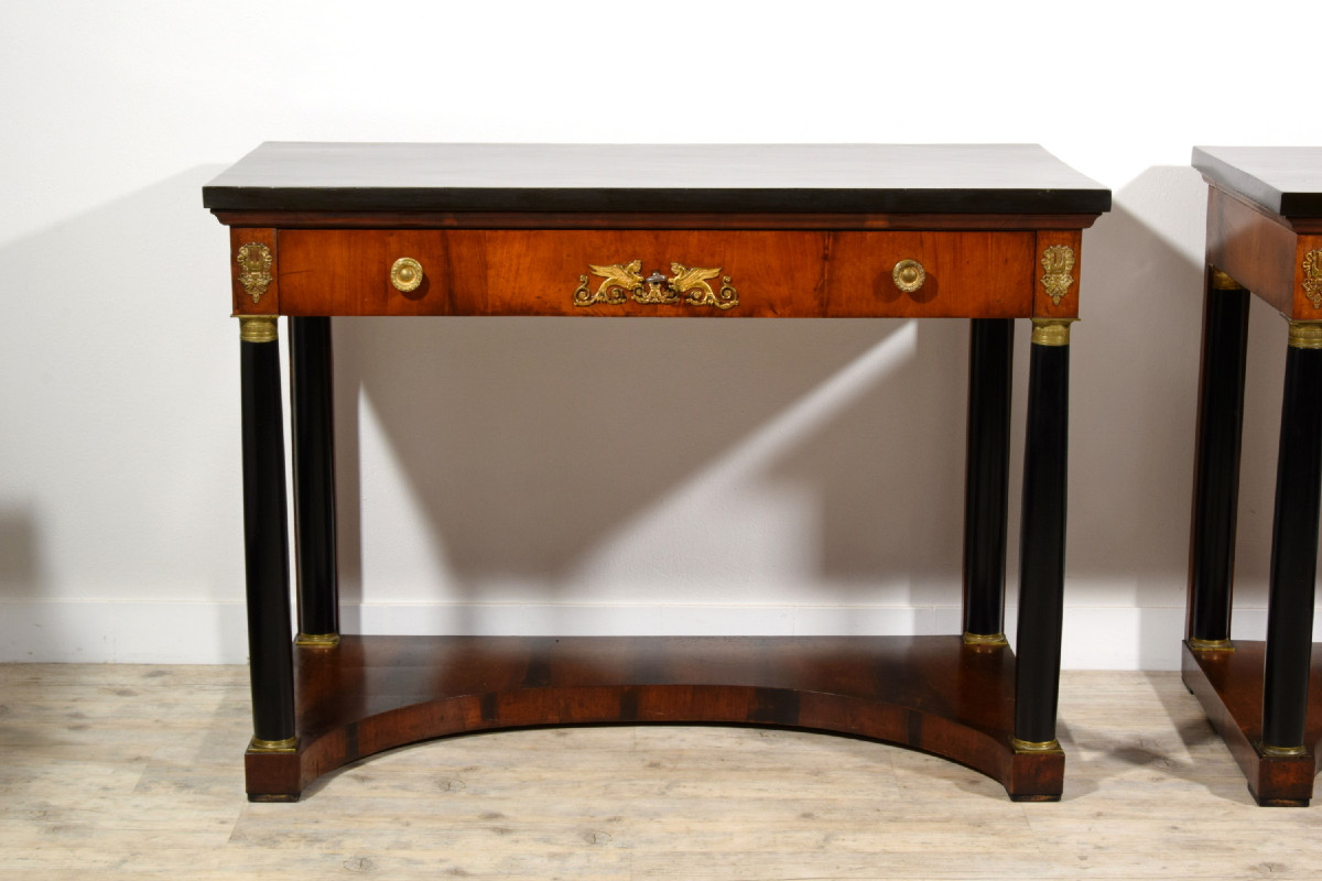 Paire de grandes consoles Empire en bois laqué, Toscane, début du XIXe siècle-photo-3