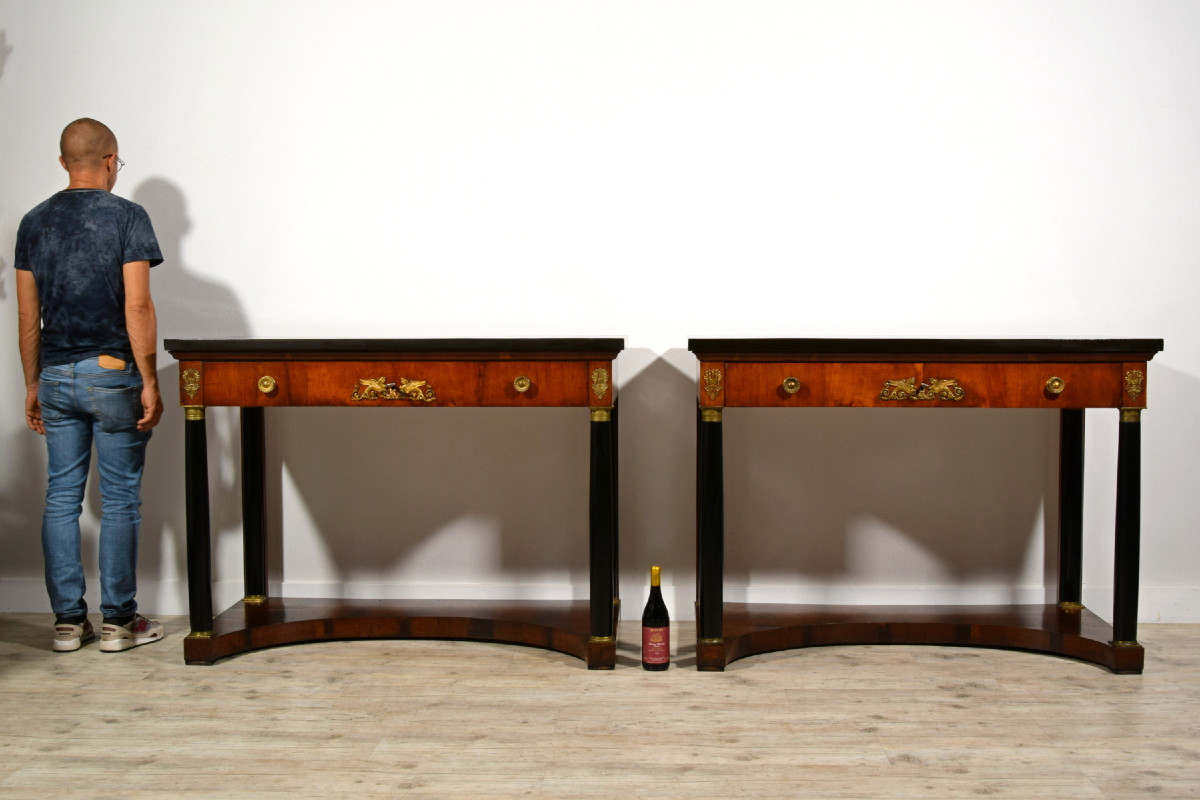 Paire de grandes consoles Empire en bois laqué, Toscane, début du XIXe siècle-photo-6