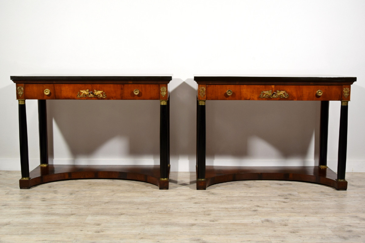 Paire de grandes consoles Empire en bois laqué, Toscane, début du XIXe siècle-photo-7