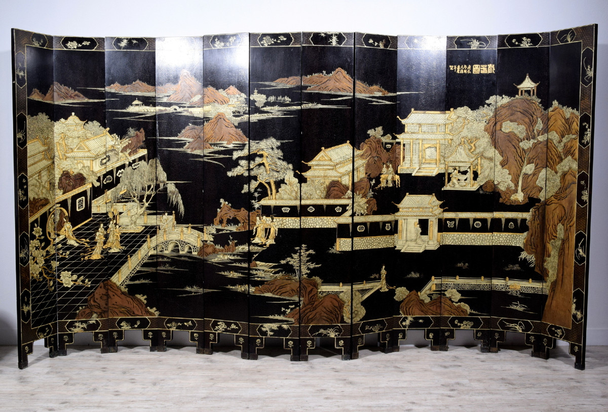 19th Century, Chinese Twelve-panel Screen In Black Lacquered Wood And Gilt Decoration-photo-2
