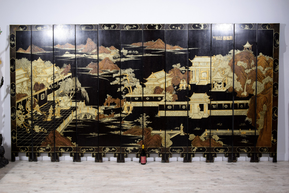 19th Century, Chinese Twelve-panel Screen In Black Lacquered Wood And Gilt Decoration-photo-3