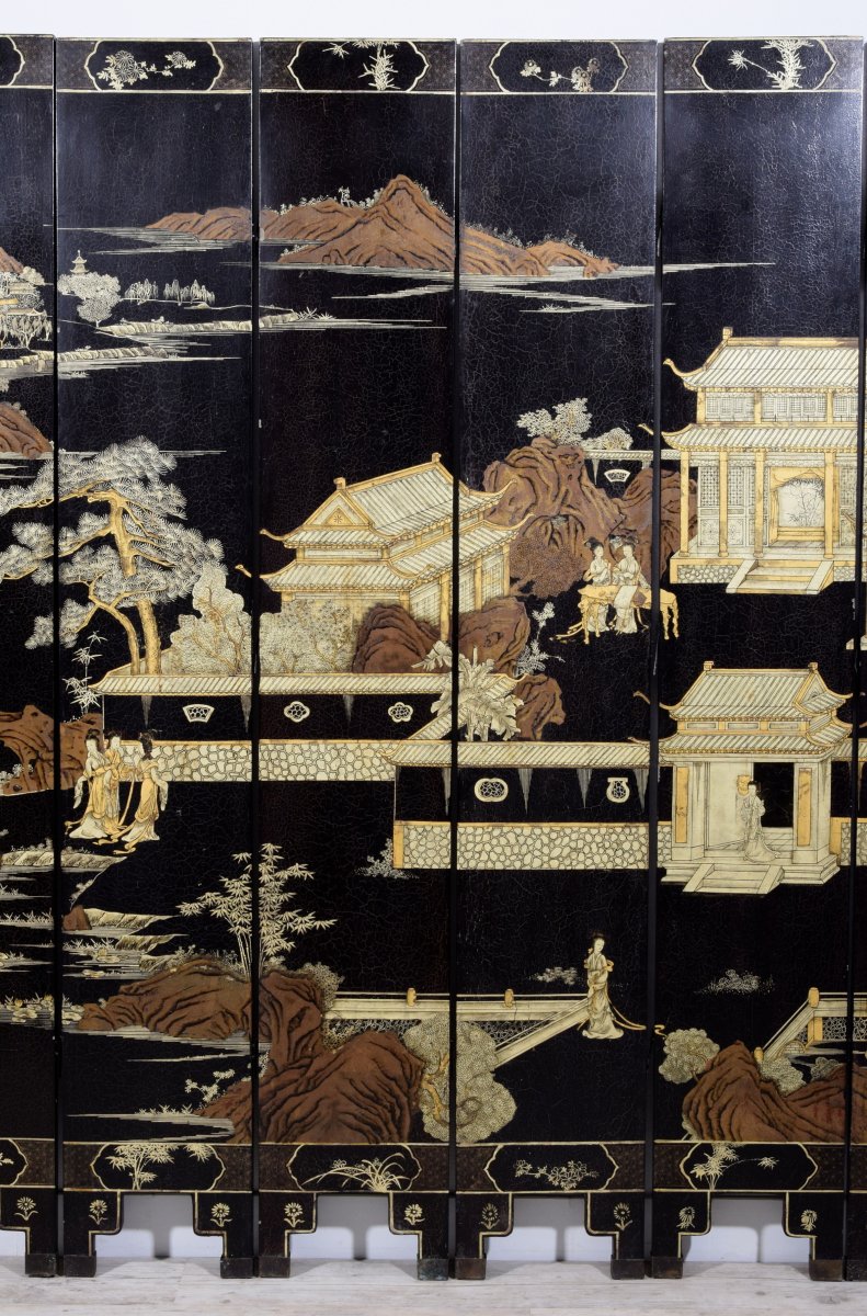 19th Century, Chinese Twelve-panel Screen In Black Lacquered Wood And Gilt Decoration-photo-1