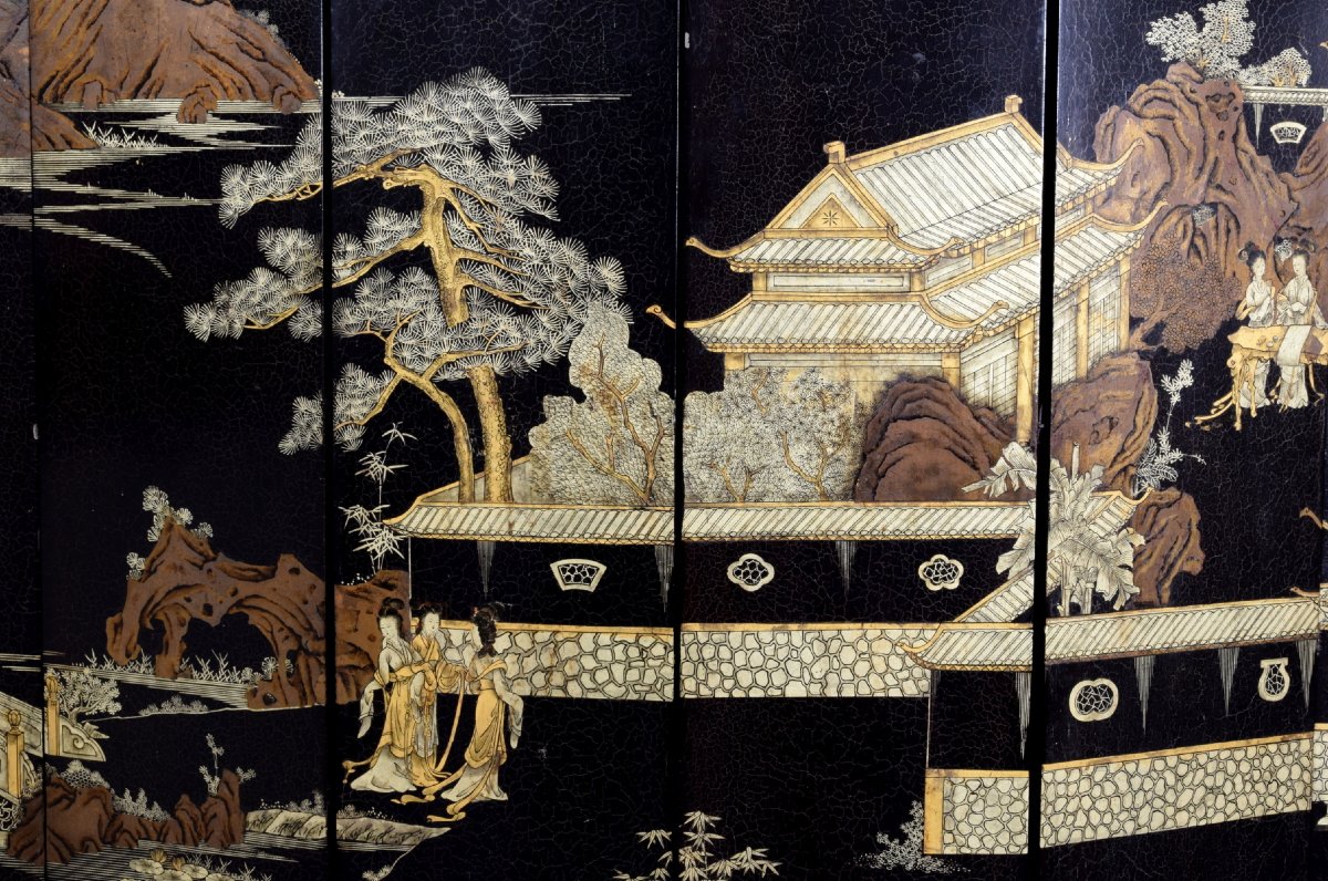 19th Century, Chinese Twelve-panel Screen In Black Lacquered Wood And Gilt Decoration-photo-2