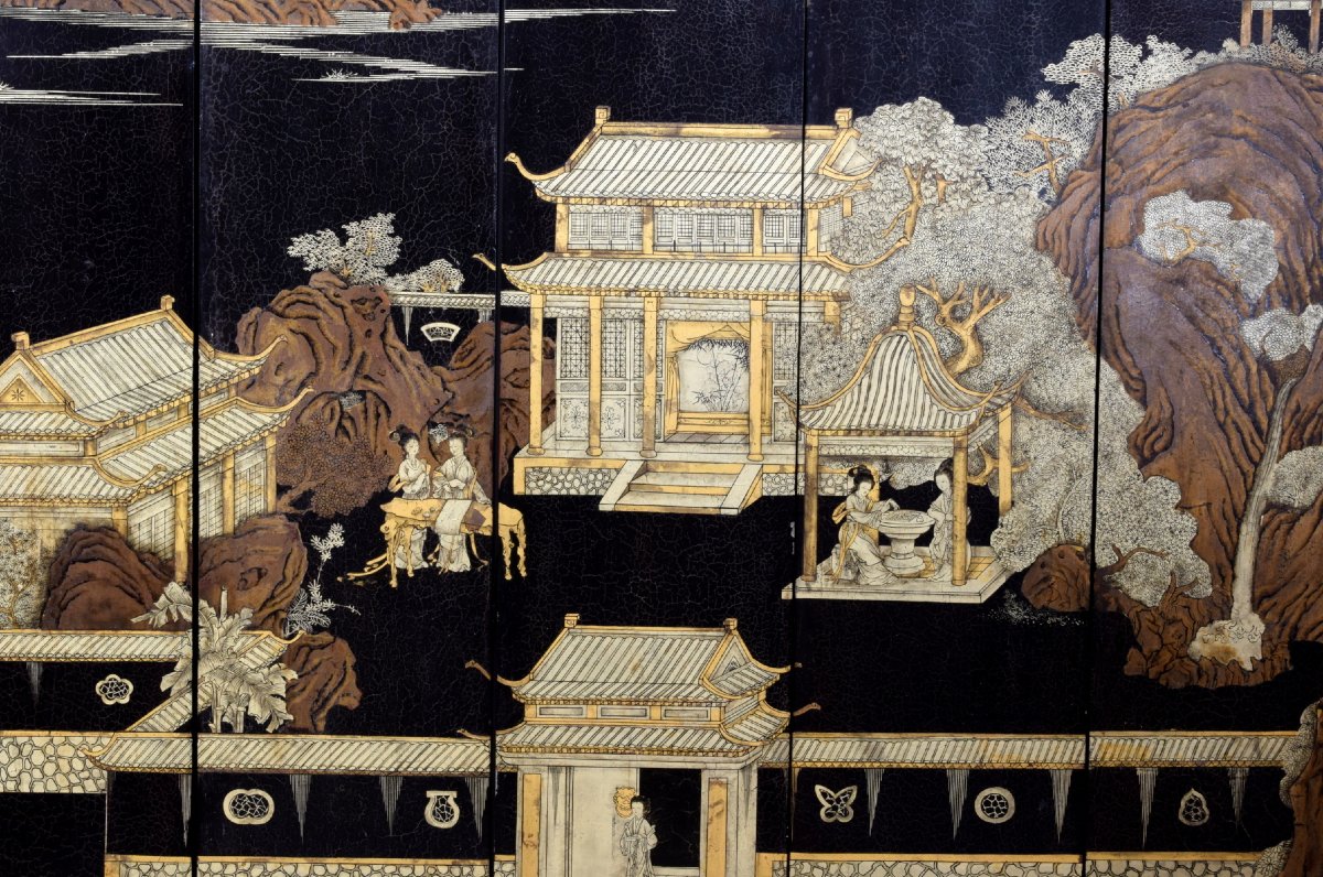 19th Century, Chinese Twelve-panel Screen In Black Lacquered Wood And Gilt Decoration-photo-4