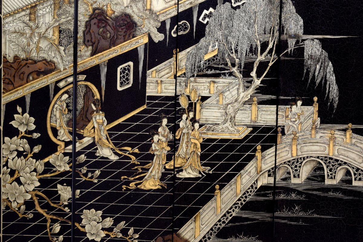 19th Century, Chinese Twelve-panel Screen In Black Lacquered Wood And Gilt Decoration-photo-5