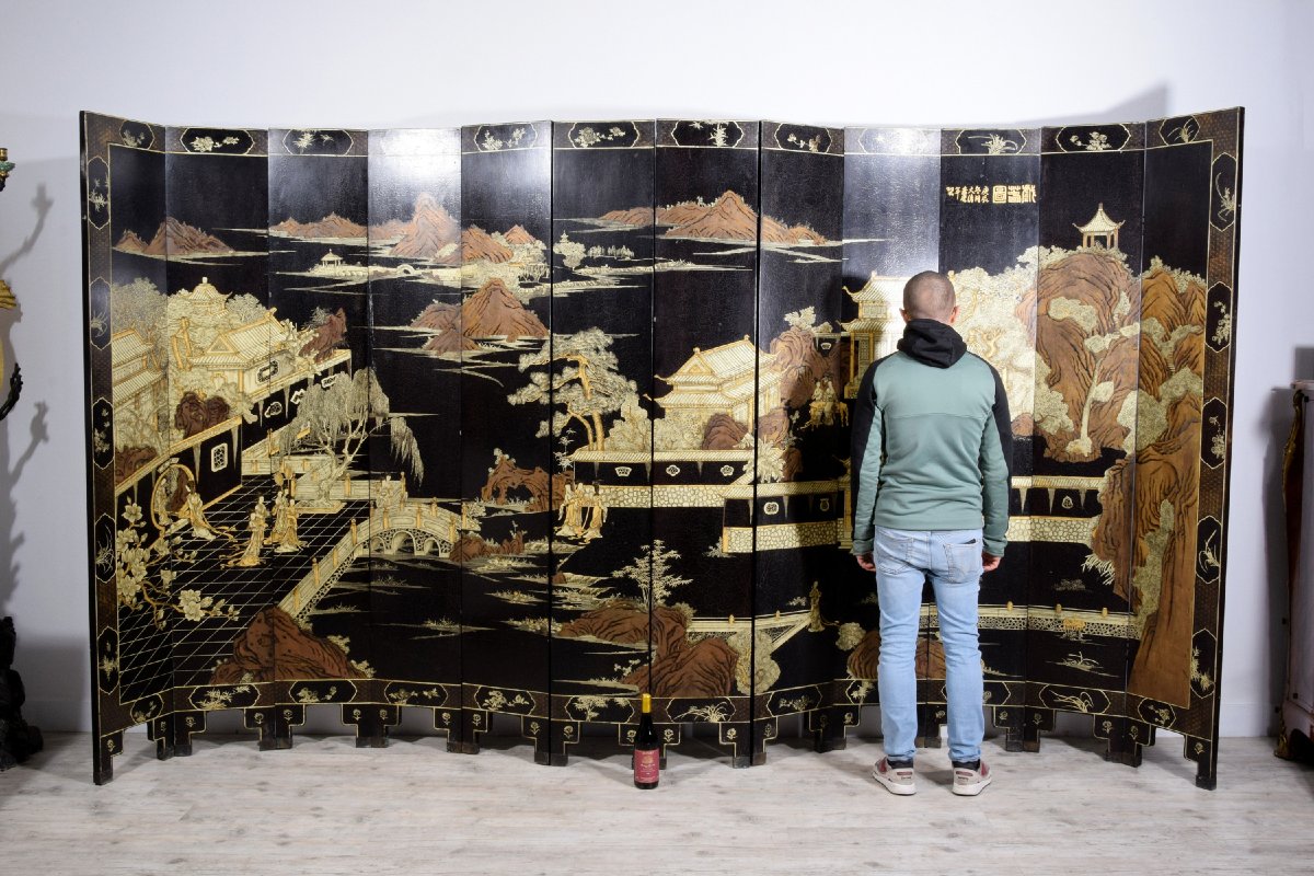 19th Century, Chinese Twelve-panel Screen In Black Lacquered Wood And Gilt Decoration-photo-6