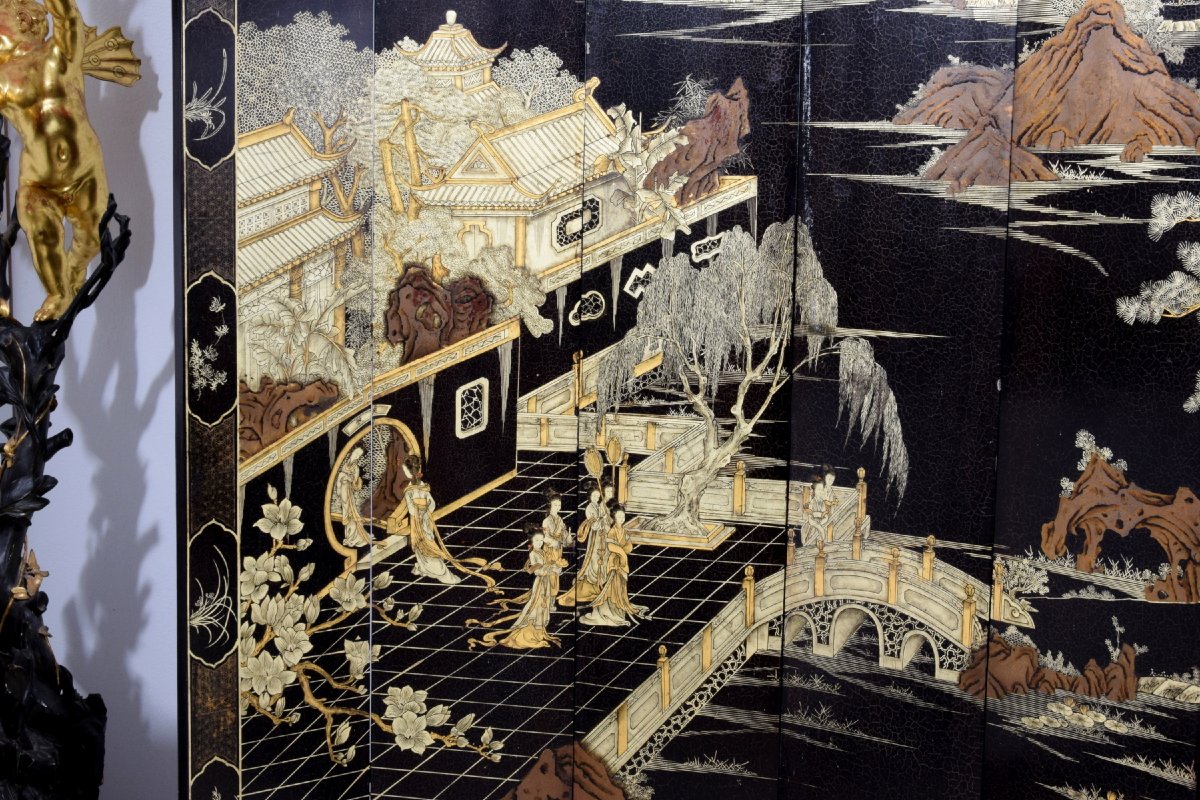 19th Century, Chinese Twelve-panel Screen In Black Lacquered Wood And Gilt Decoration-photo-7