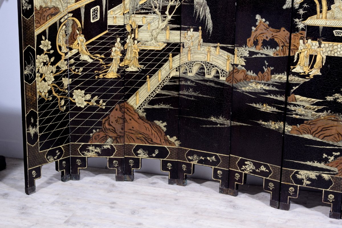 19th Century, Chinese Twelve-panel Screen In Black Lacquered Wood And Gilt Decoration-photo-8