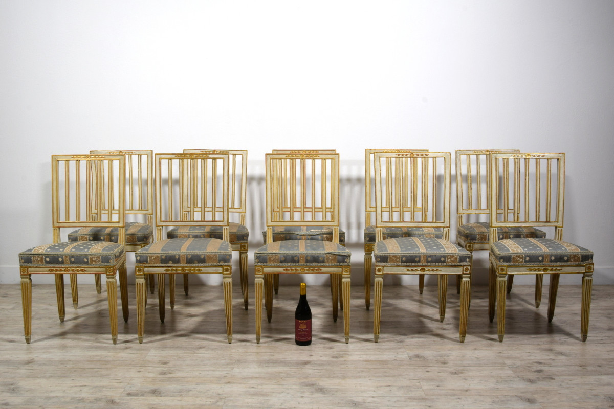Set Of Ten Neoclassical Chairs In Carved, Lacquered, And Gilt Wood, Tuscany, Late 18th Century-photo-2