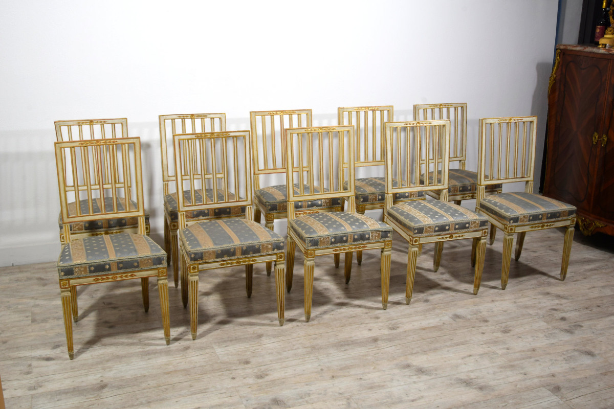 Set Of Ten Neoclassical Chairs In Carved, Lacquered, And Gilt Wood, Tuscany, Late 18th Century-photo-3