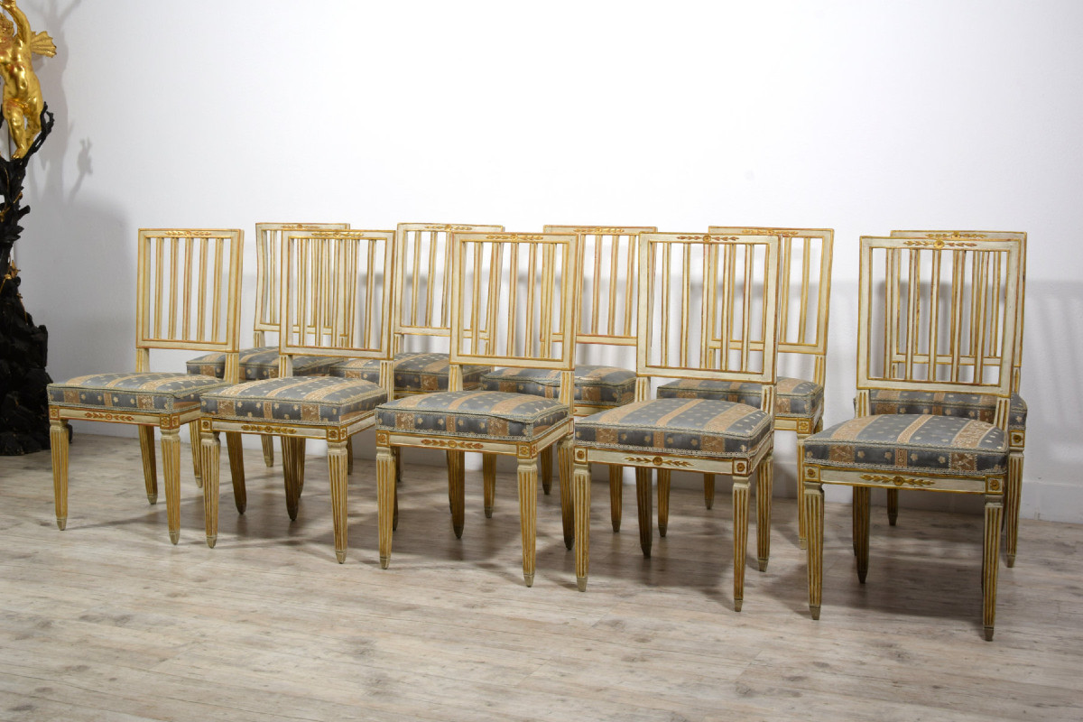Set Of Ten Neoclassical Chairs In Carved, Lacquered, And Gilt Wood, Tuscany, Late 18th Century-photo-4