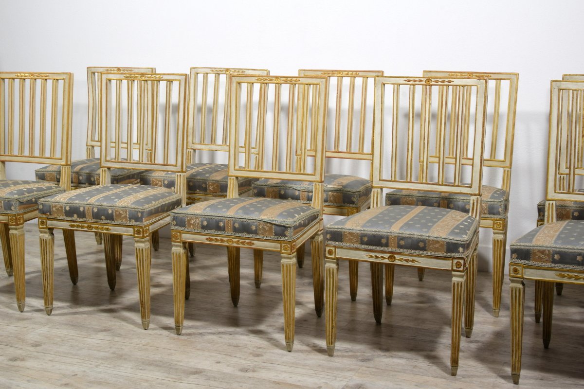 Set Of Ten Neoclassical Chairs In Carved, Lacquered, And Gilt Wood, Tuscany, Late 18th Century-photo-2