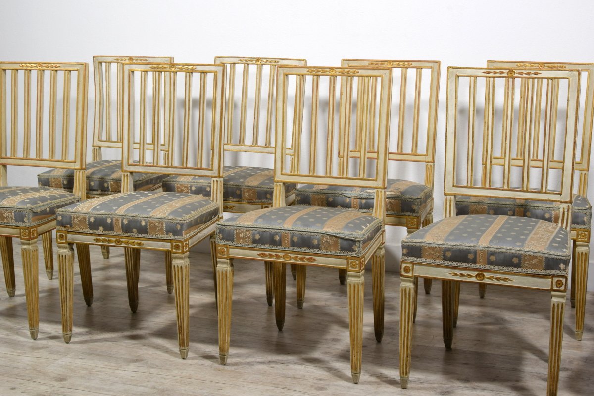 Set Of Ten Neoclassical Chairs In Carved, Lacquered, And Gilt Wood, Tuscany, Late 18th Century-photo-3