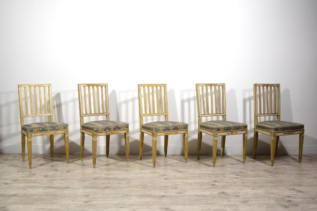 Set Of Ten Neoclassical Chairs In Carved, Lacquered, And Gilt Wood, Tuscany, Late 18th Century-photo-4