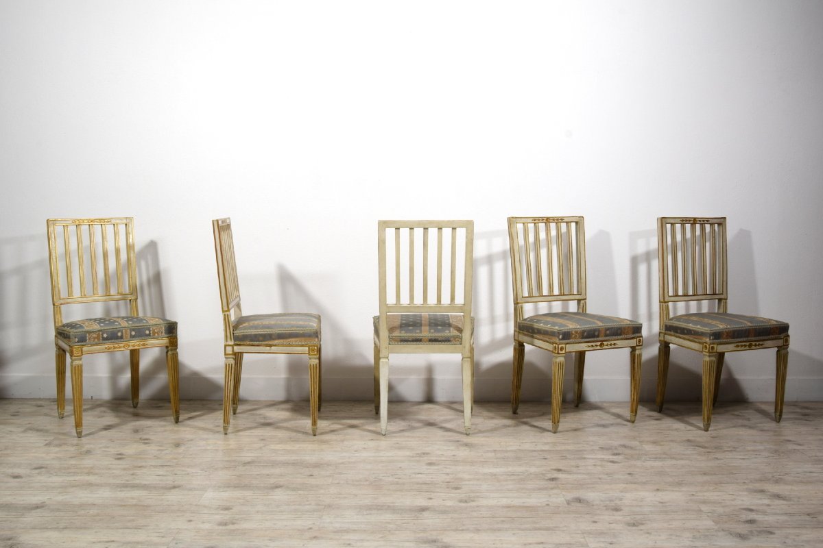 Set Of Ten Neoclassical Chairs In Carved, Lacquered, And Gilt Wood, Tuscany, Late 18th Century-photo-5