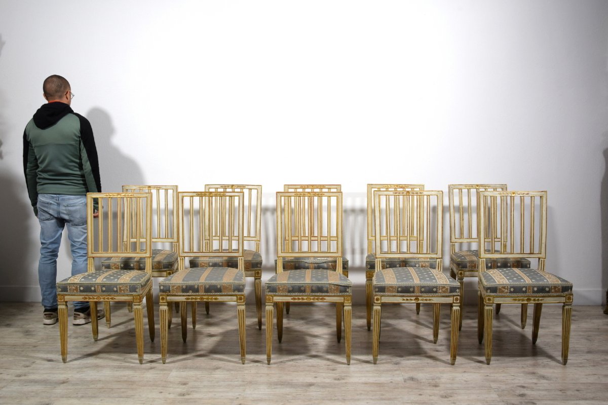 Set Of Ten Neoclassical Chairs In Carved, Lacquered, And Gilt Wood, Tuscany, Late 18th Century-photo-6