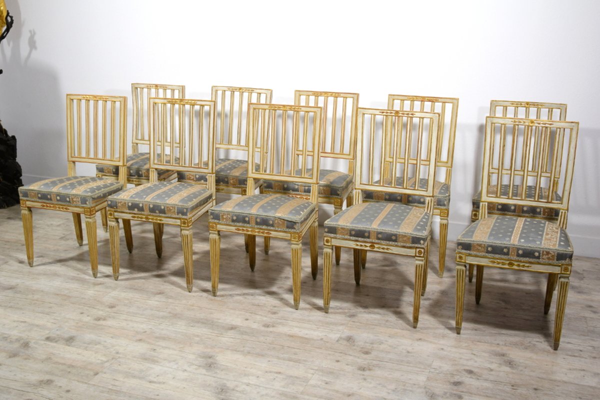 Set Of Ten Neoclassical Chairs In Carved, Lacquered, And Gilt Wood, Tuscany, Late 18th Century-photo-7