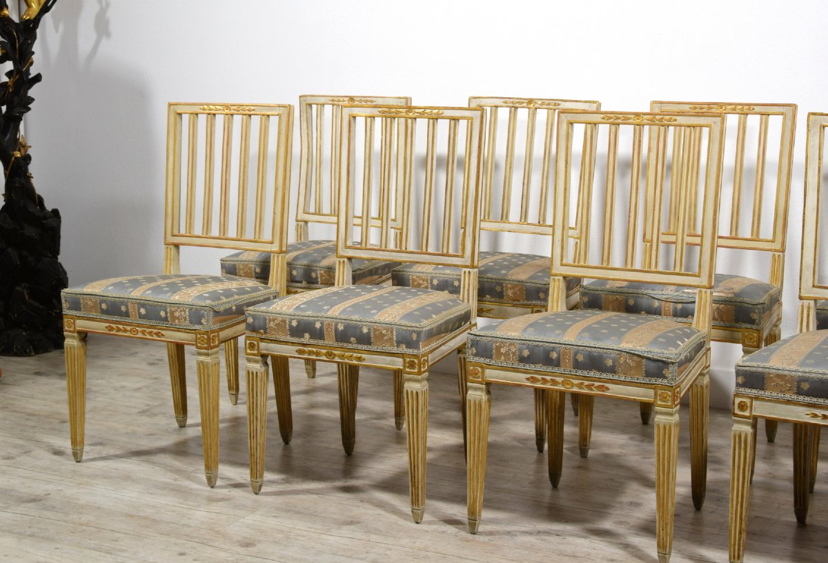 Set Of Ten Neoclassical Chairs In Carved, Lacquered, And Gilt Wood, Tuscany, Late 18th Century-photo-8