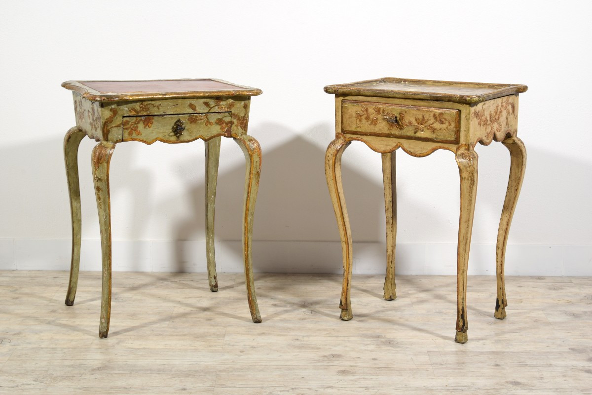 18th Century, Two Italian Rococo Lacquered Wood Side Table Or Night Stands