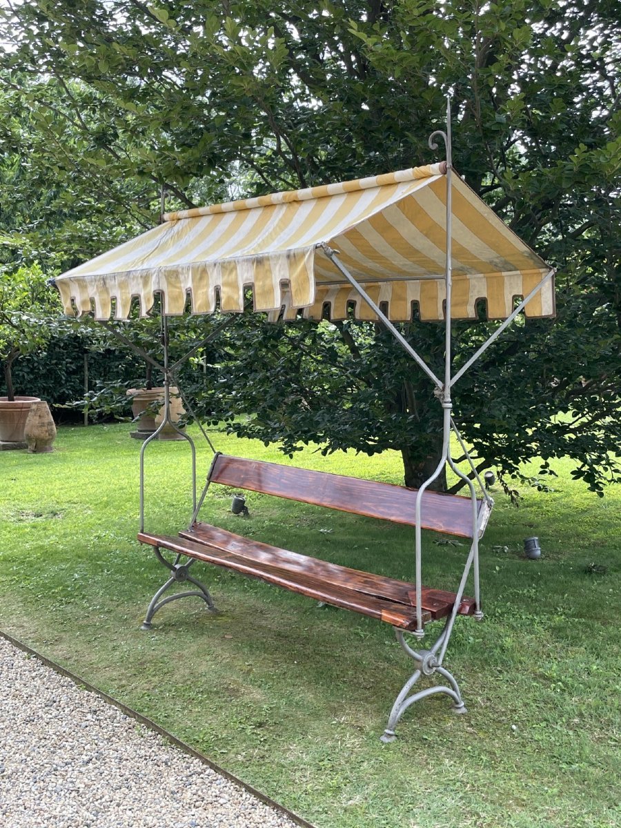 Ancien banc de jardin en bois et fer forgé avec auvent en tissu, Italie, XIXe siècle-photo-3