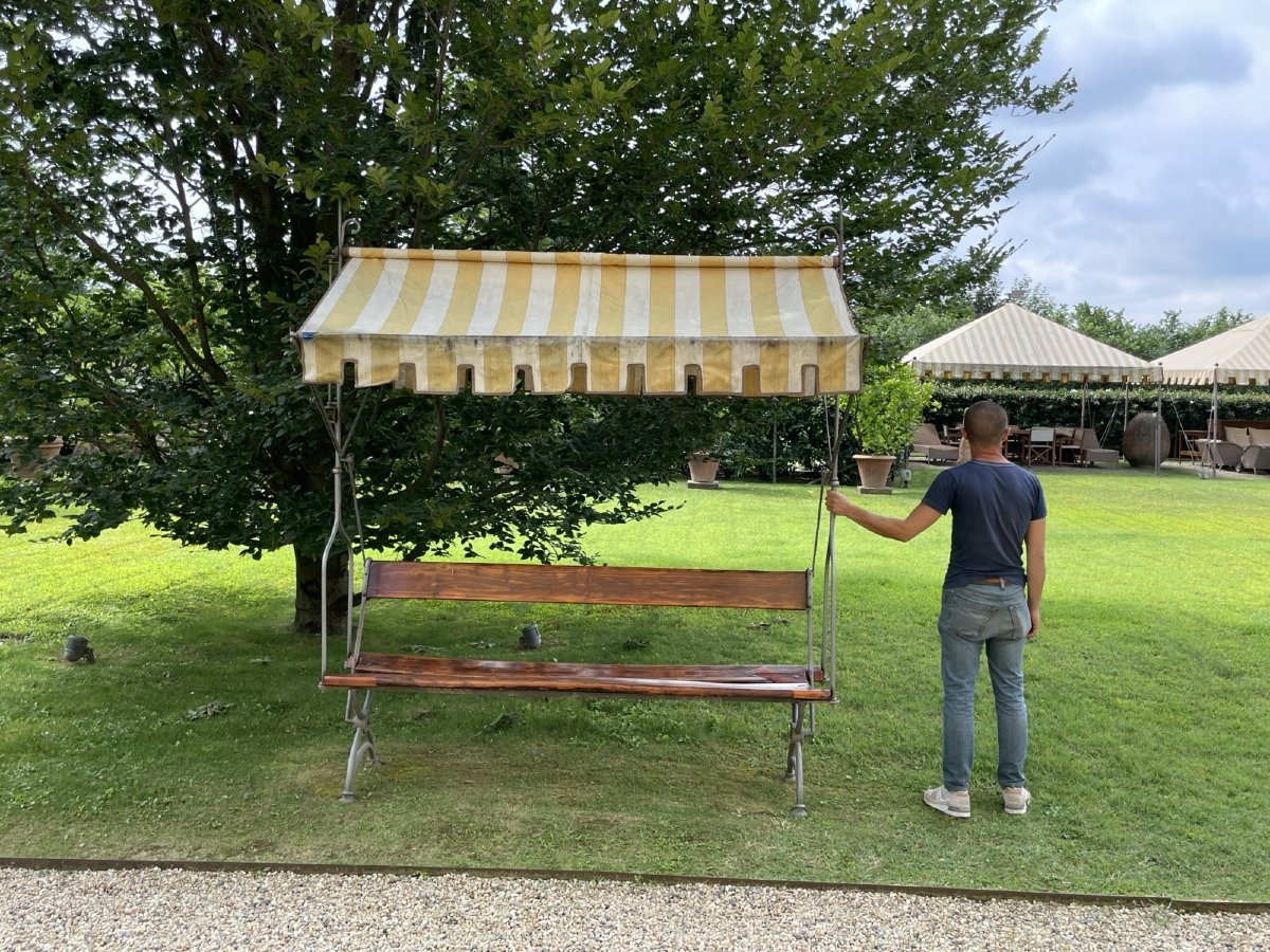 Ancien banc de jardin en bois et fer forgé avec auvent en tissu, Italie, XIXe siècle-photo-6