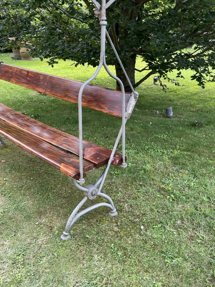 Ancien banc de jardin en bois et fer forgé avec auvent en tissu, Italie, XIXe siècle-photo-8