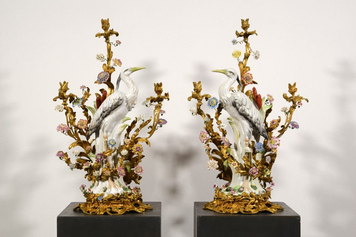 19th Century Pair Of French Large Gilt Bronze And Porcelain Candelabras 