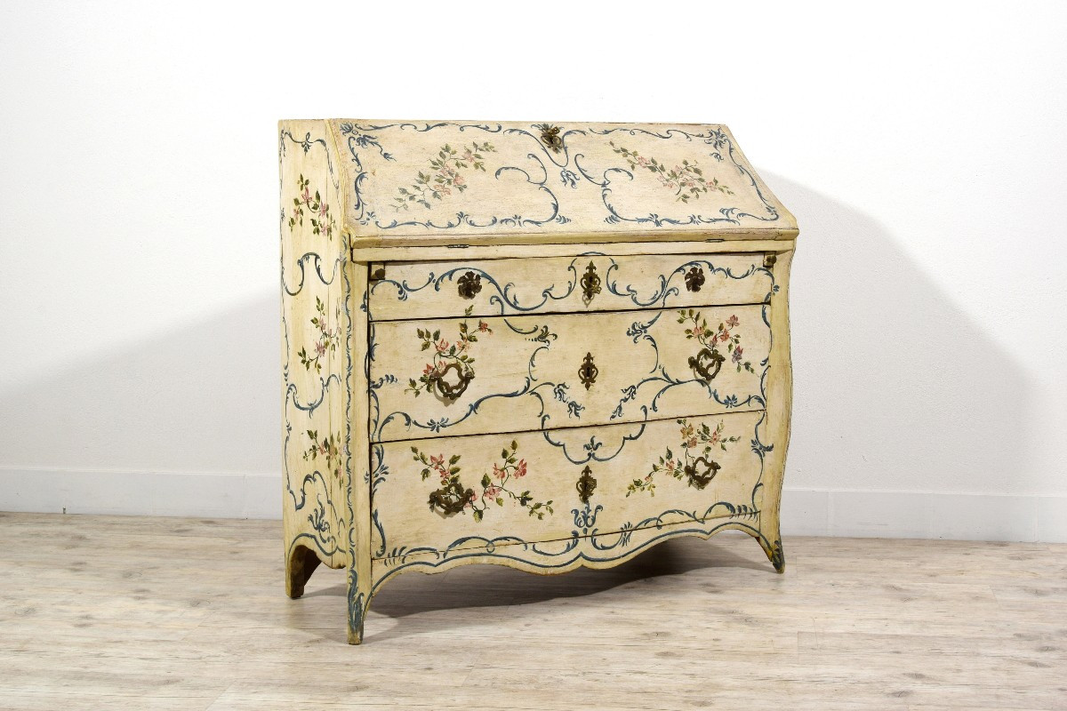 Mid-18th Century, Italian Rococo Lacquered Wood Drop-front Chest Of Drawers 
