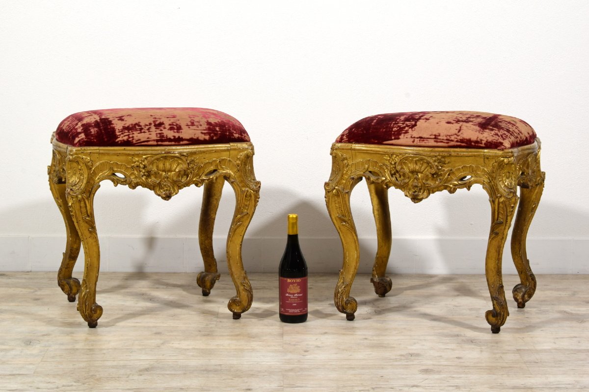 18th Century, Pair Of Baroque French Carved And Gilded Wood Center Stools -photo-1