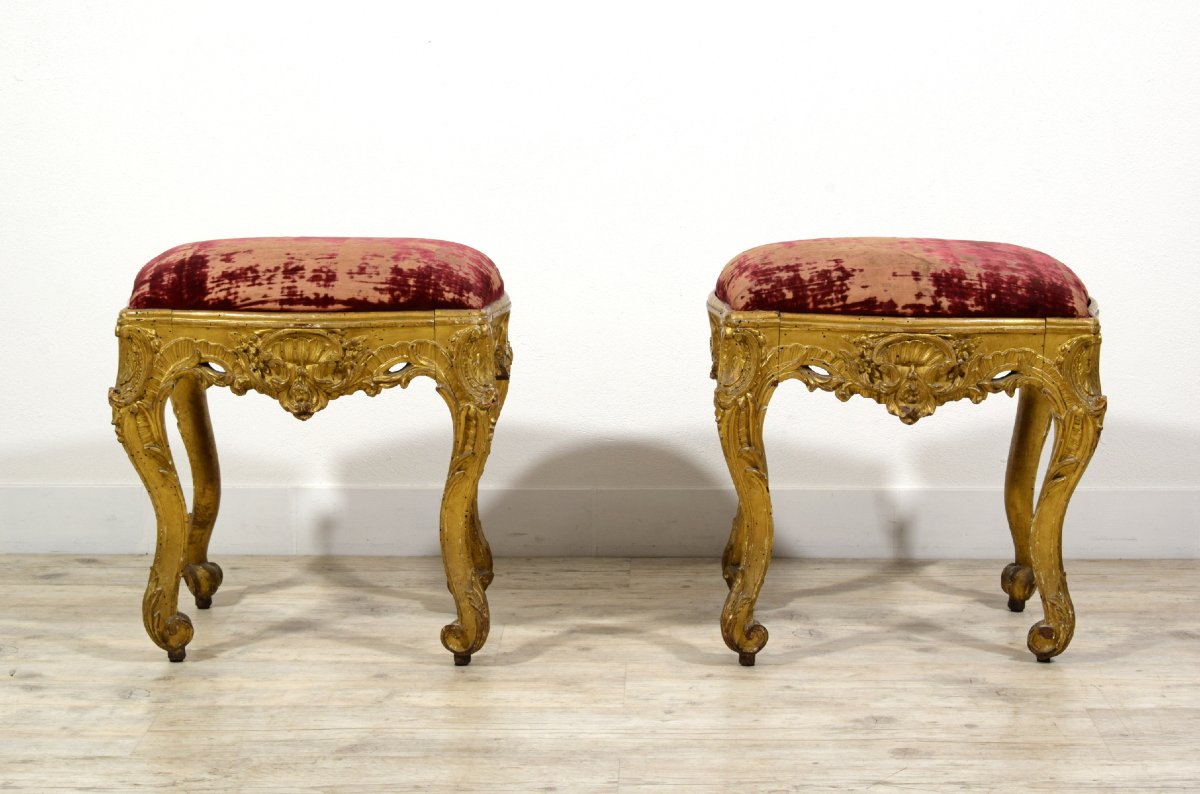 18th Century, Pair Of Baroque French Carved And Gilded Wood Center Stools -photo-7