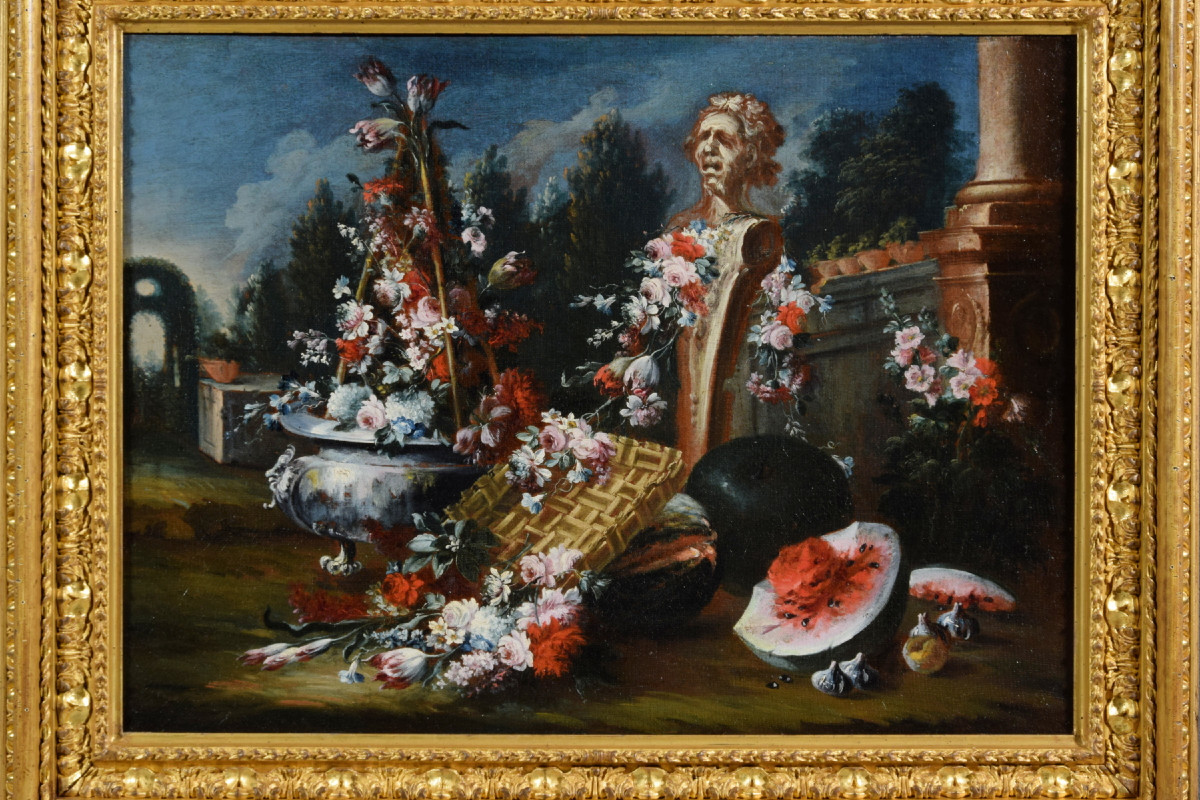 Nature morte avec composition de fleurs et pastèque, Francesco Lavagna (Naples 1684-1724)-photo-2