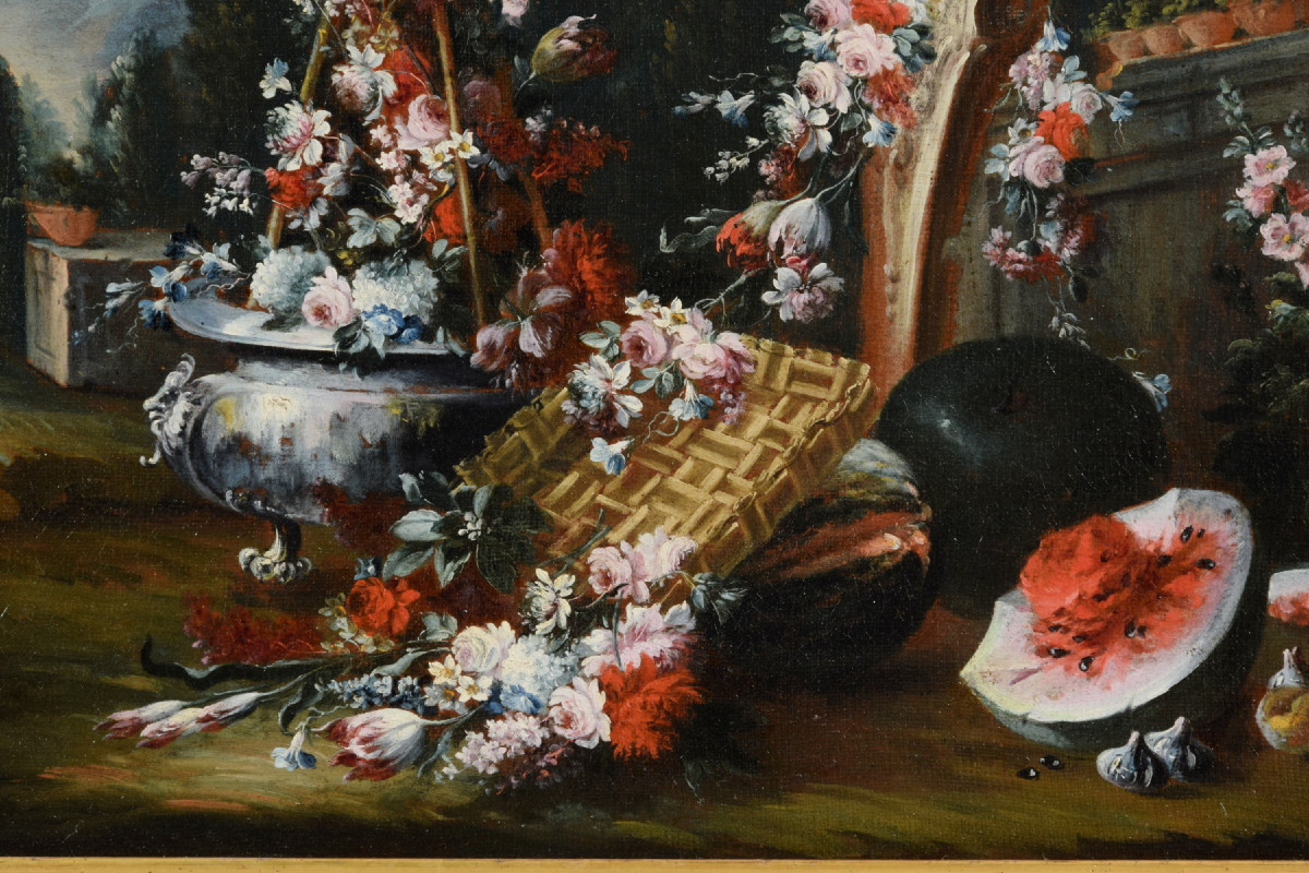 Nature morte avec composition de fleurs et pastèque, Francesco Lavagna (Naples 1684-1724)-photo-3