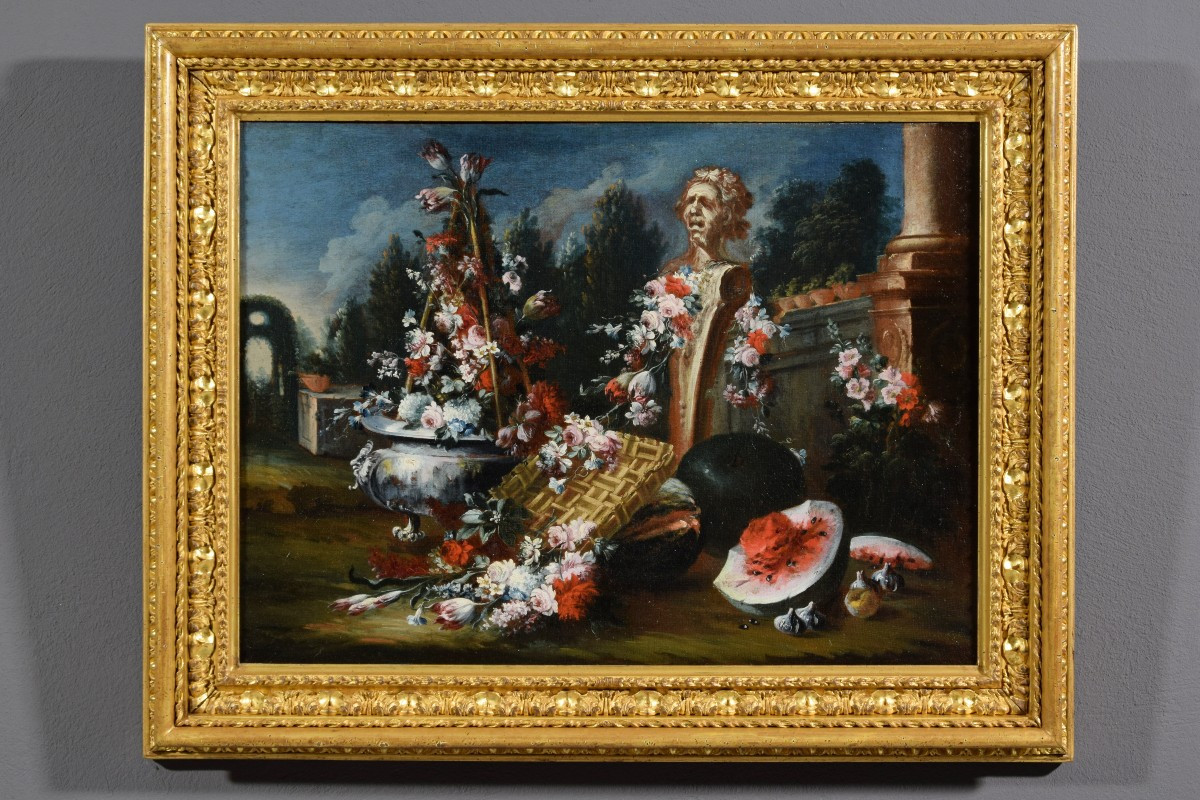 Nature morte avec composition de fleurs et pastèque, Francesco Lavagna (Naples 1684-1724)