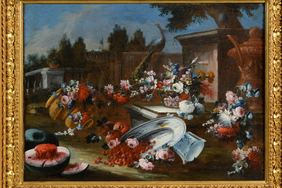 Francesco Lavagna (naples 1684-1724), Pair Of Still Life With Flowers And Watermelon-photo-4
