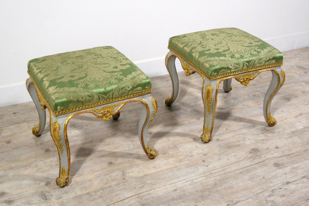 18th Century, Italian Pair Of Rococo Lacquered And Gilt Wood Stools-photo-2