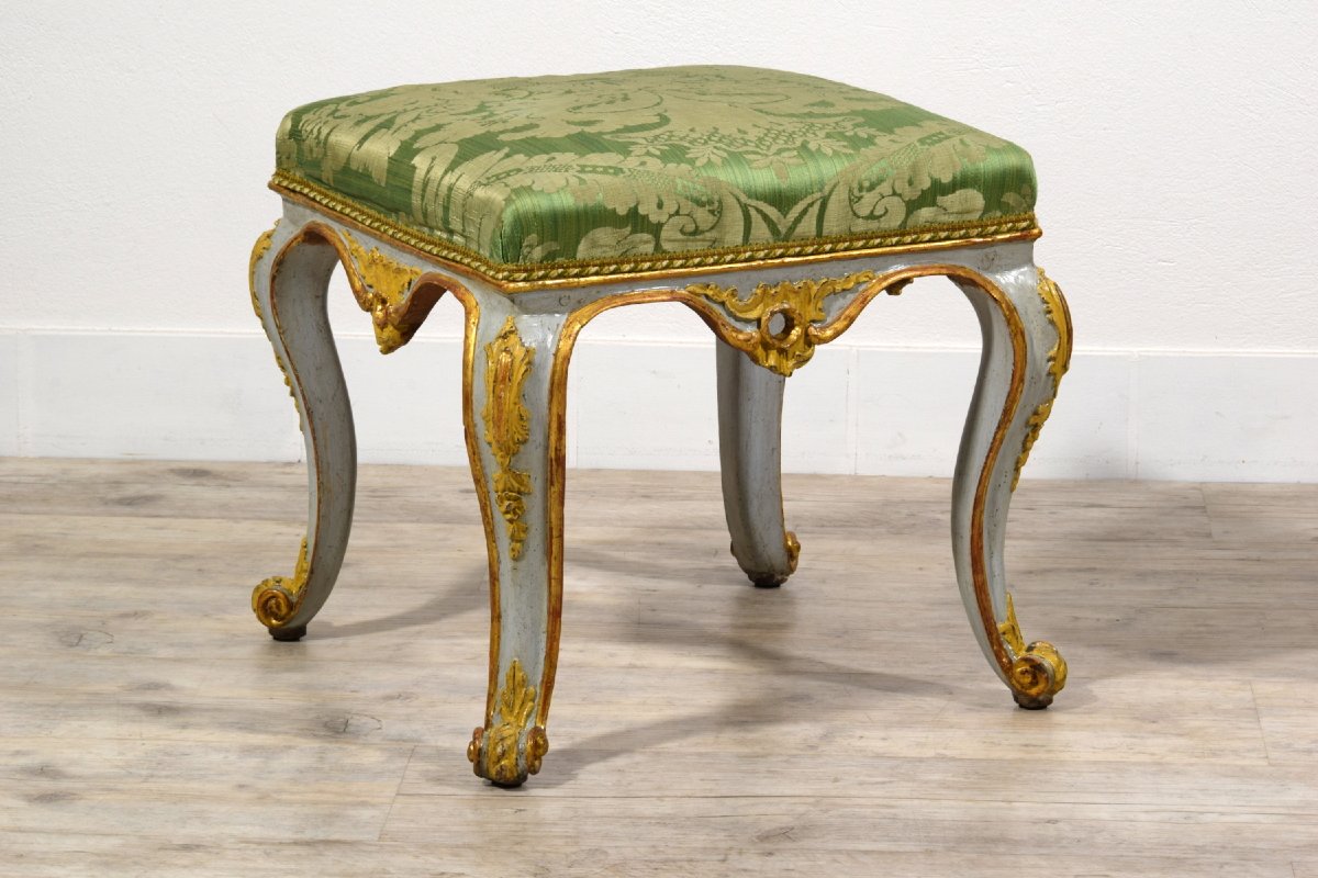 18th Century, Italian Pair Of Rococo Lacquered And Gilt Wood Stools-photo-3