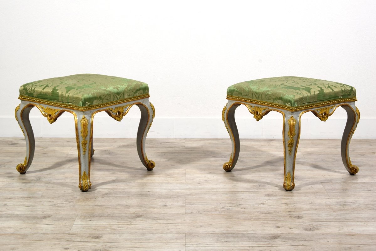 18th Century, Italian Pair Of Rococo Lacquered And Gilt Wood Stools-photo-4