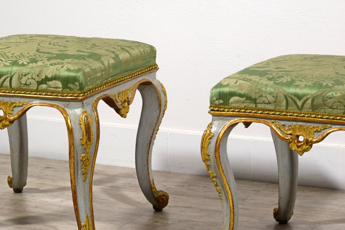 18th Century, Italian Pair Of Rococo Lacquered And Gilt Wood Stools-photo-7