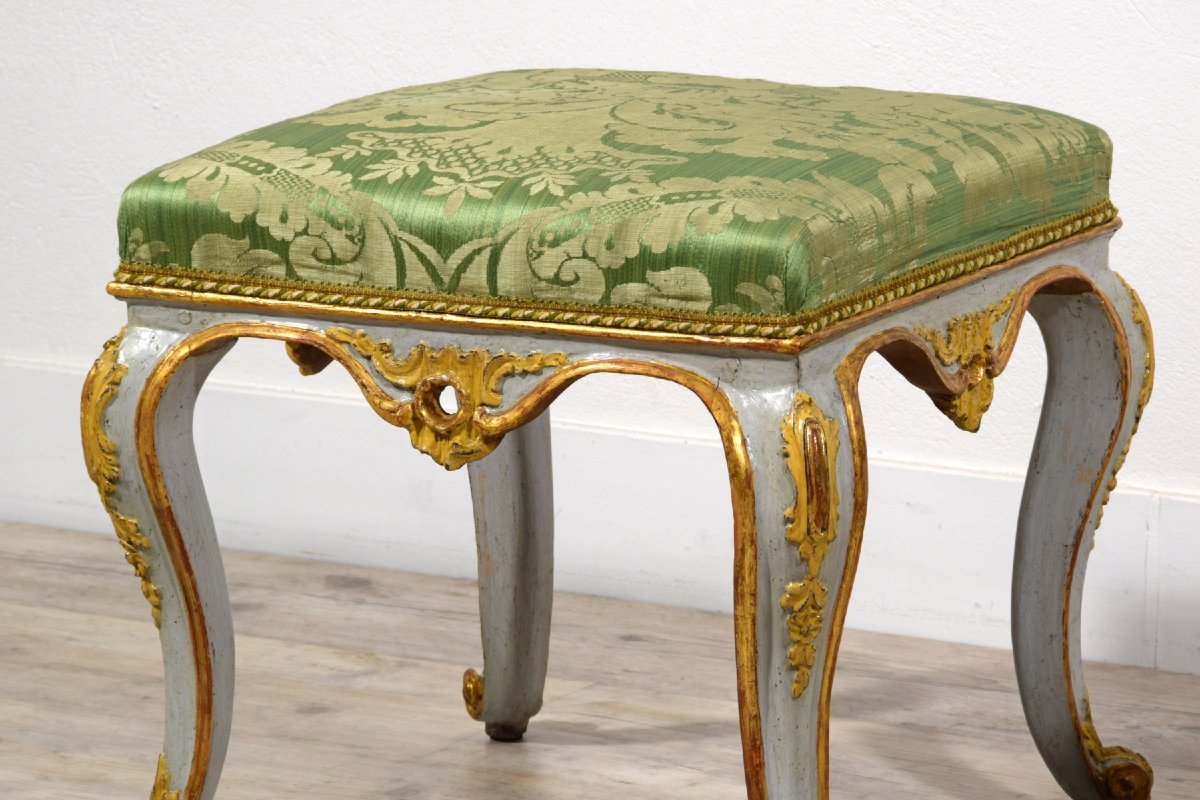 18th Century, Italian Pair Of Rococo Lacquered And Gilt Wood Stools-photo-8