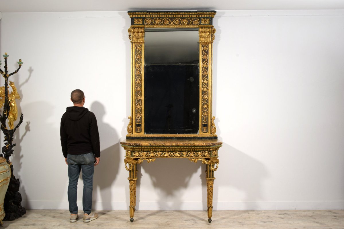 Console et miroir néoclassiques en bois sculpté, laqué et doré, Italie, fin du XVIIIe siècle-photo-6