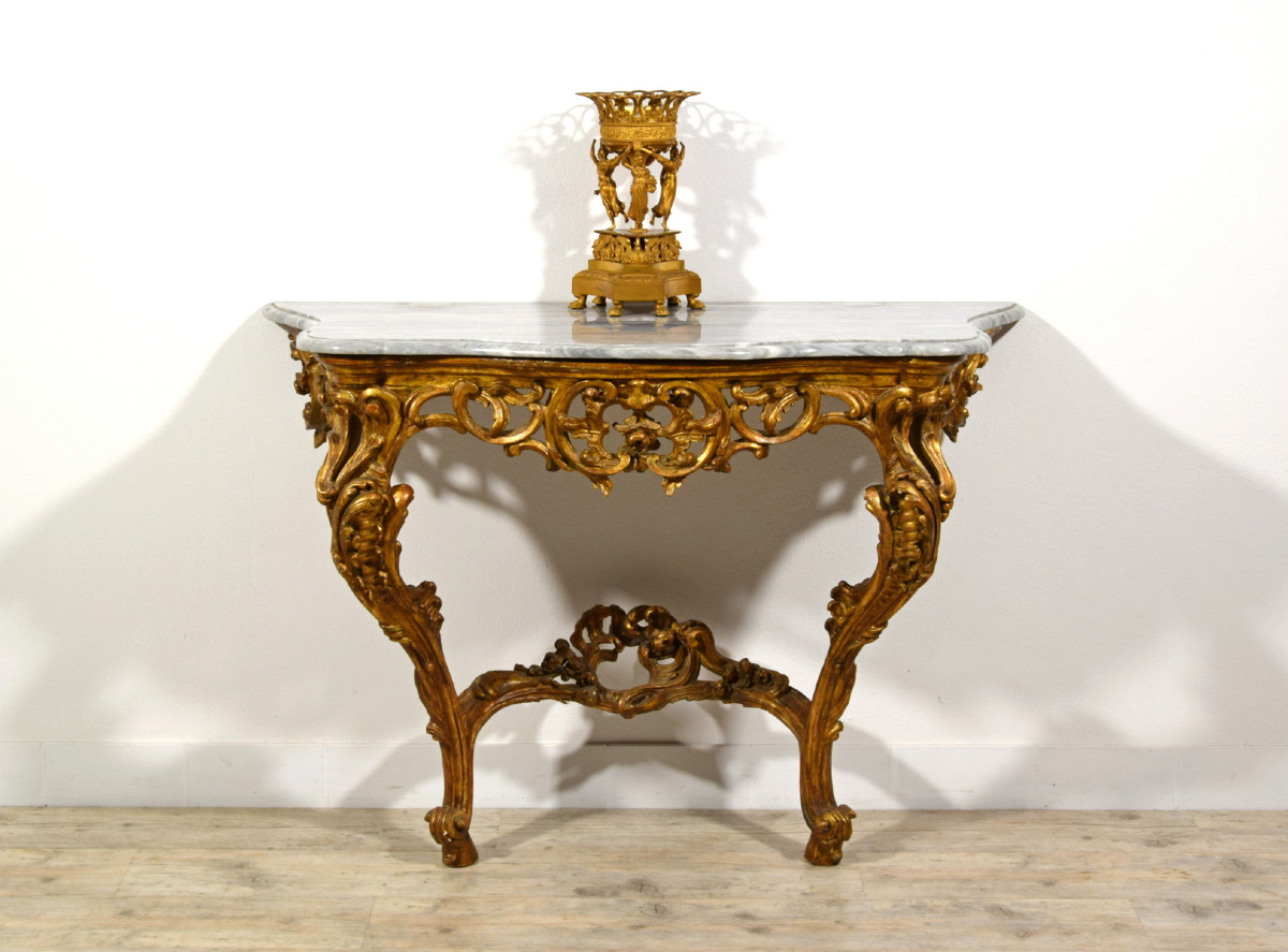 Console en bois sculpté et doré, Italie, époque Barocchetto, milieu du XVIIIe siècle-photo-3