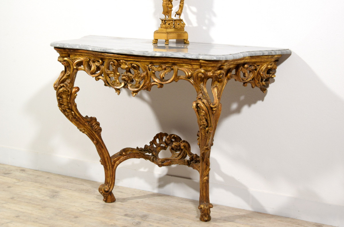 Console en bois sculpté et doré, Italie, époque Barocchetto, milieu du XVIIIe siècle-photo-4