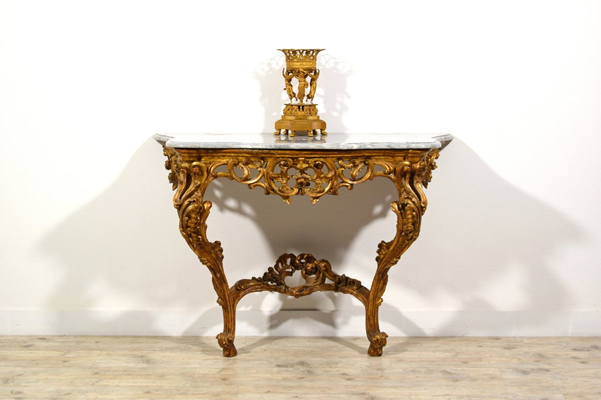 Console en bois sculpté et doré, Italie, époque Barocchetto, milieu du XVIIIe siècle-photo-3