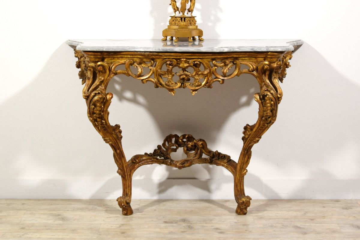 Console en bois sculpté et doré, Italie, époque Barocchetto, milieu du XVIIIe siècle-photo-4